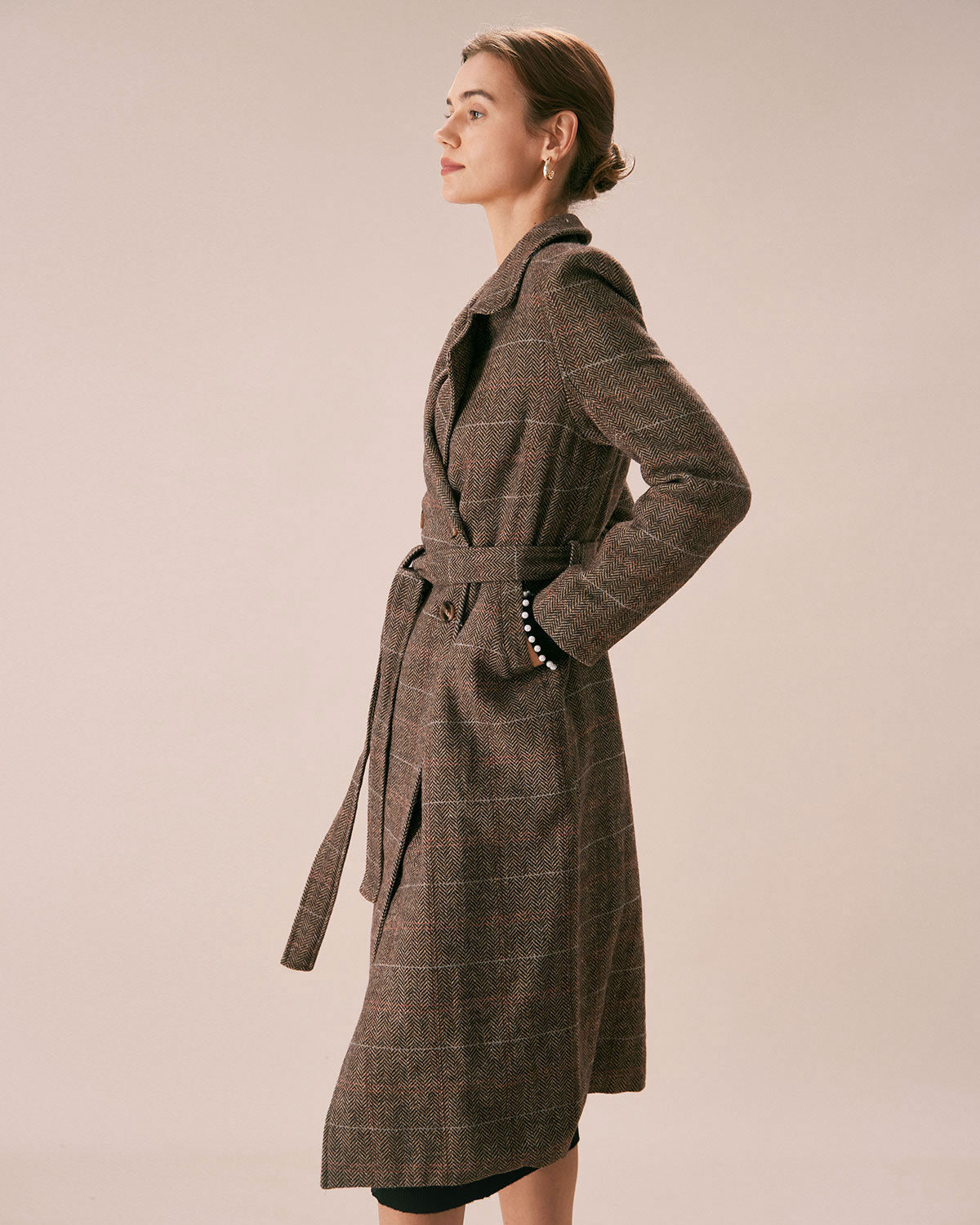 Kahve Lapel Belted Kruvaze Kaban