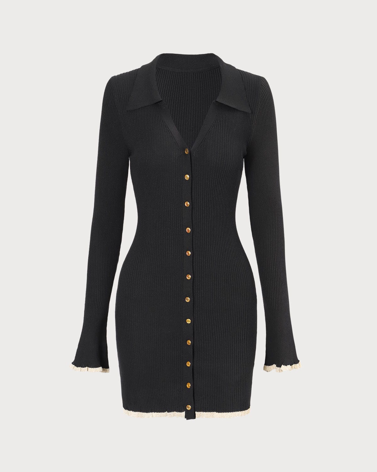 Siyah V Yaka Contrast Trim Triko Mini Elbise