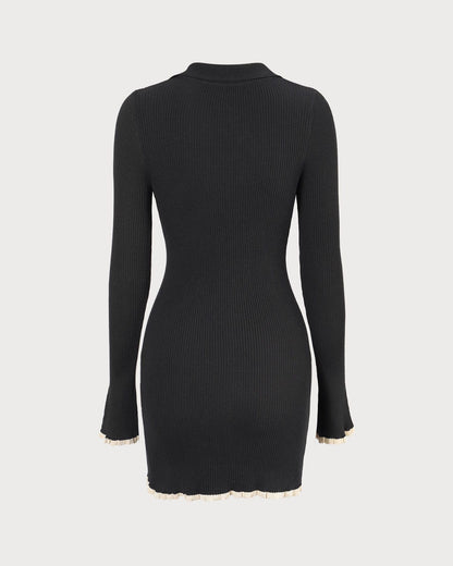 Siyah V Yaka Contrast Trim Triko Mini Elbise
