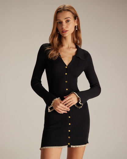 Siyah V Yaka Contrast Trim Triko Mini Elbise