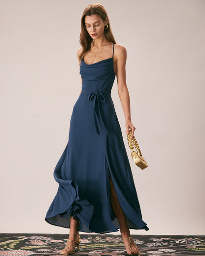 Lacivert Degaje Yaka Cutout Back Maxi Elbise