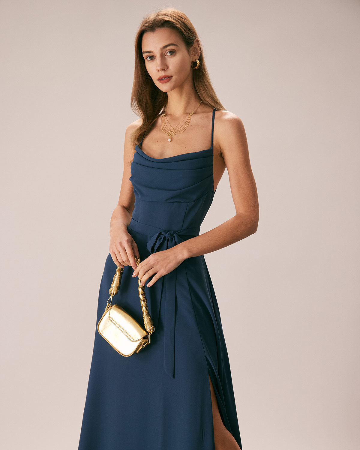 Lacivert Degaje Yaka Cutout Back Maxi Elbise