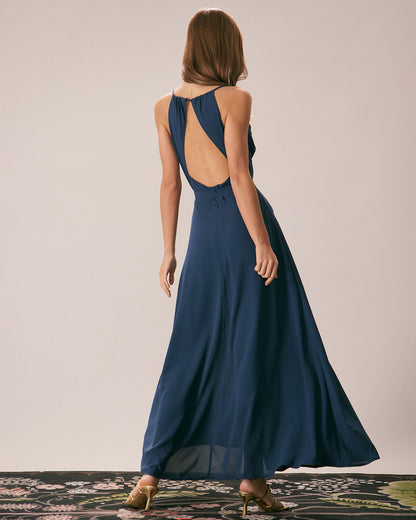 Lacivert Degaje Yaka Cutout Back Maxi Elbise