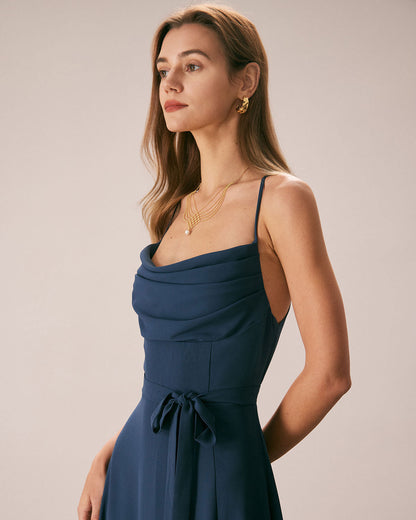 Lacivert Degaje Yaka Cutout Back Maxi Elbise
