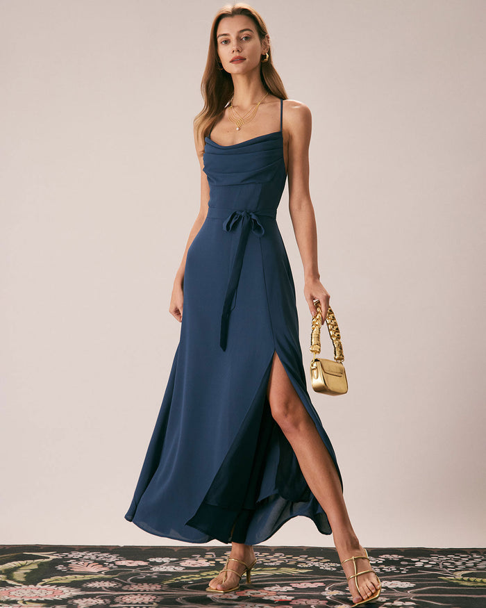 Lacivert Degaje Yaka Cutout Back Maxi Elbise