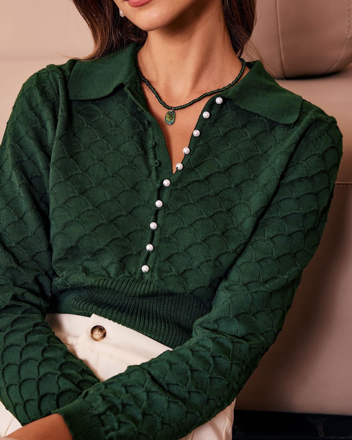 Koyu Yeşil Lapel Ribbed Dokulu Triko Üst