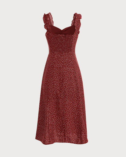Kırmızı Frill Trim Side Split Midi Elbise