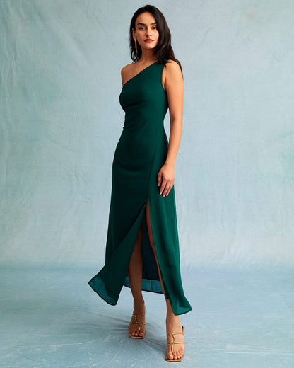 Yeşil One Shoulder Kolsuz Maxi Elbise