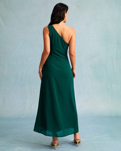 Yeşil One Shoulder Kolsuz Maxi Elbise