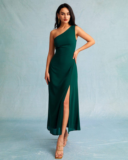 Yeşil One Shoulder Kolsuz Maxi Elbise