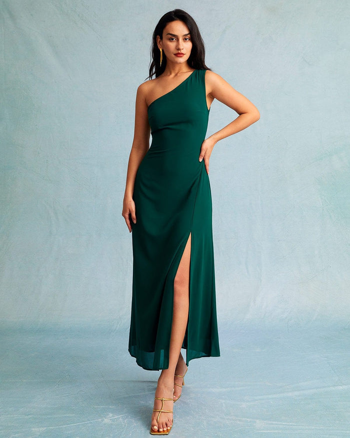 Yeşil One Shoulder Kolsuz Maxi Elbise