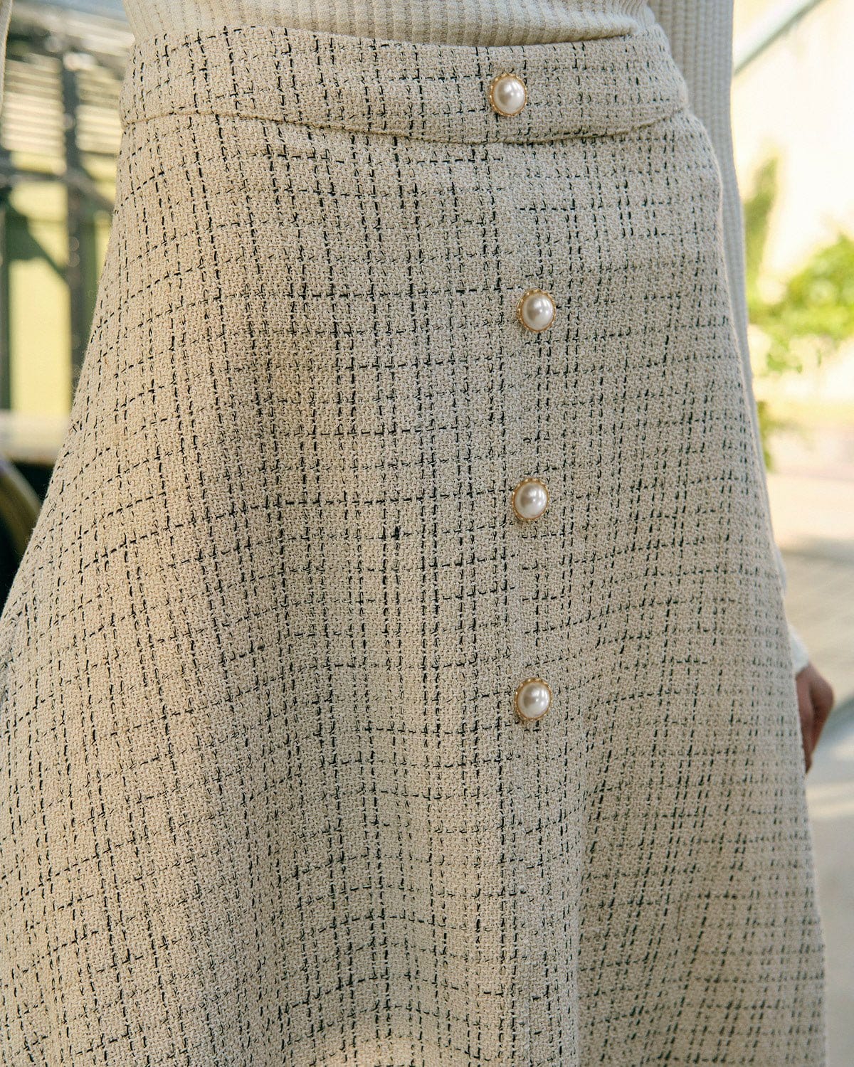 İncili Düğmeli Yüksek Bel Tweed Etek