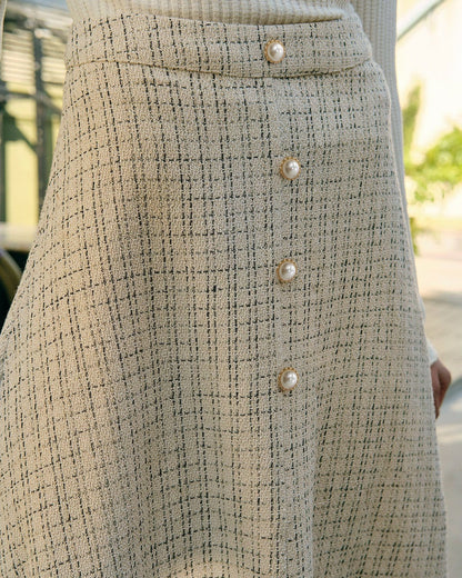 İncili Düğmeli Yüksek Bel Tweed Etek
