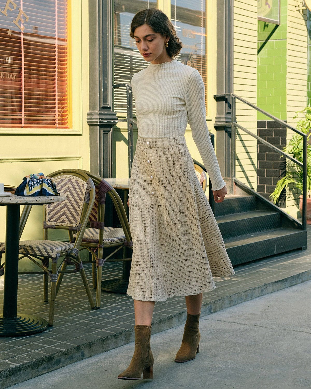 İncili Düğmeli Yüksek Bel Tweed Etek