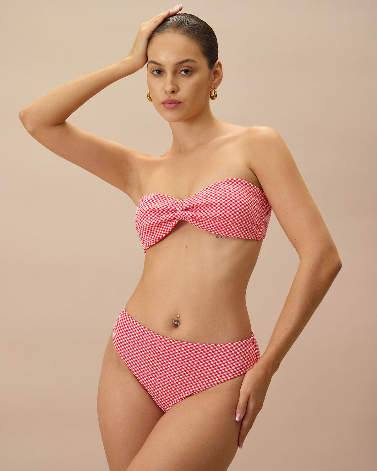 Kırmızı Ekoseli Büzgülü Bikini Üst