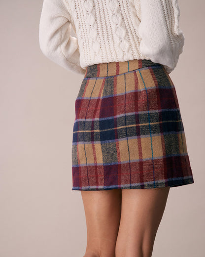 Kırmızı Ekoseli Fermuarlı Fly Tweed Mini Etek