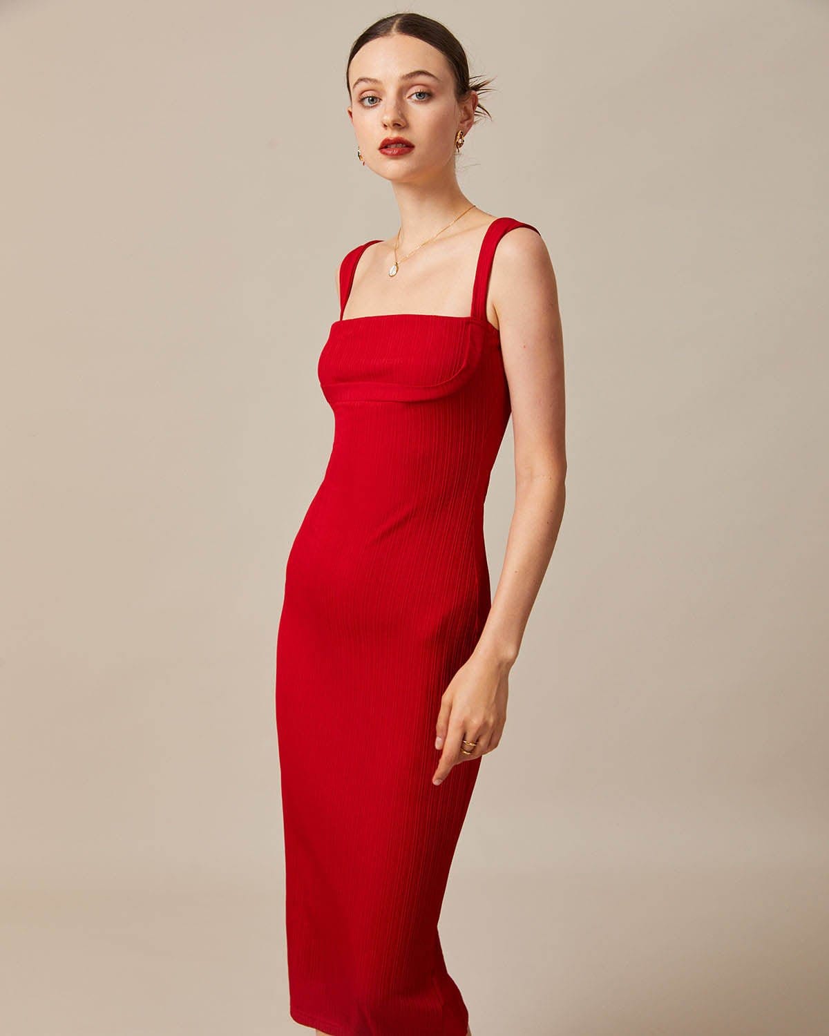 Kırmızı Kare Yaka Ribbed Midi Elbise