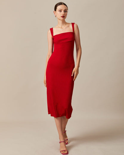 Kırmızı Kare Yaka Ribbed Midi Elbise