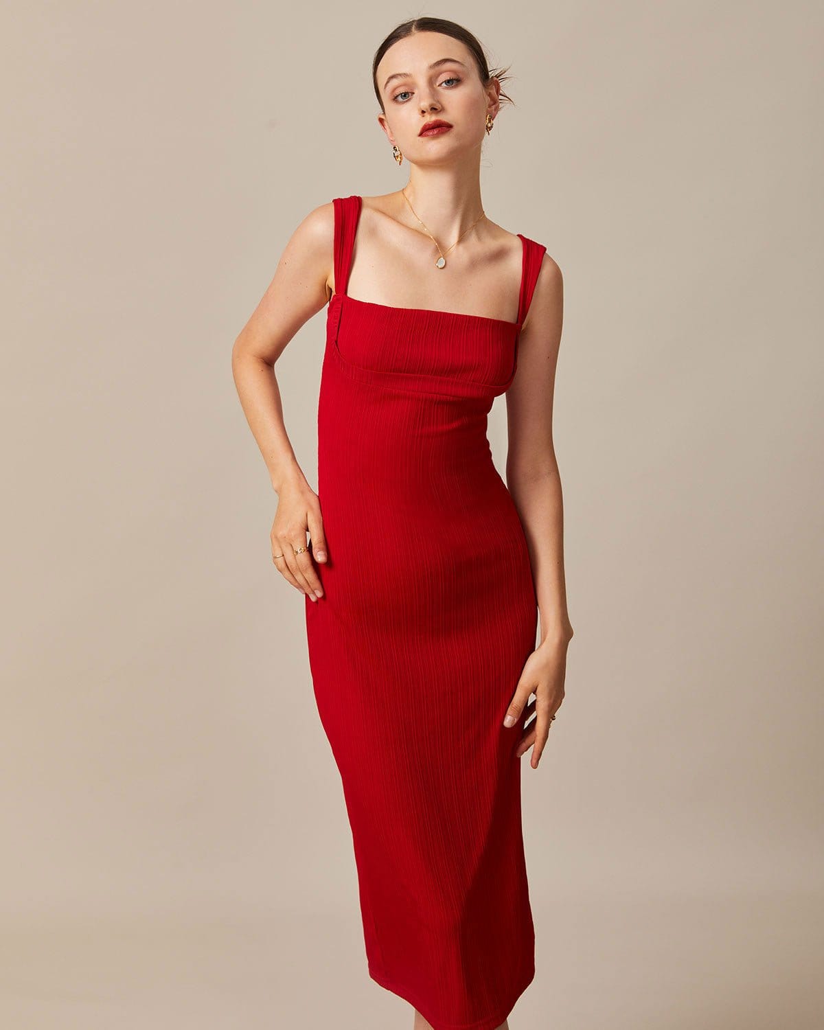 Kırmızı Kare Yaka Ribbed Midi Elbise