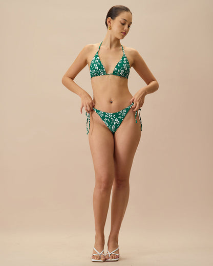 Yeşil Çift Taraflı Çiçek Desenli Üçgen Bikini Üst