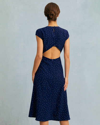 Lacivert Yuvarlak Yaka Puantiyeli Cutout Midi Elbise