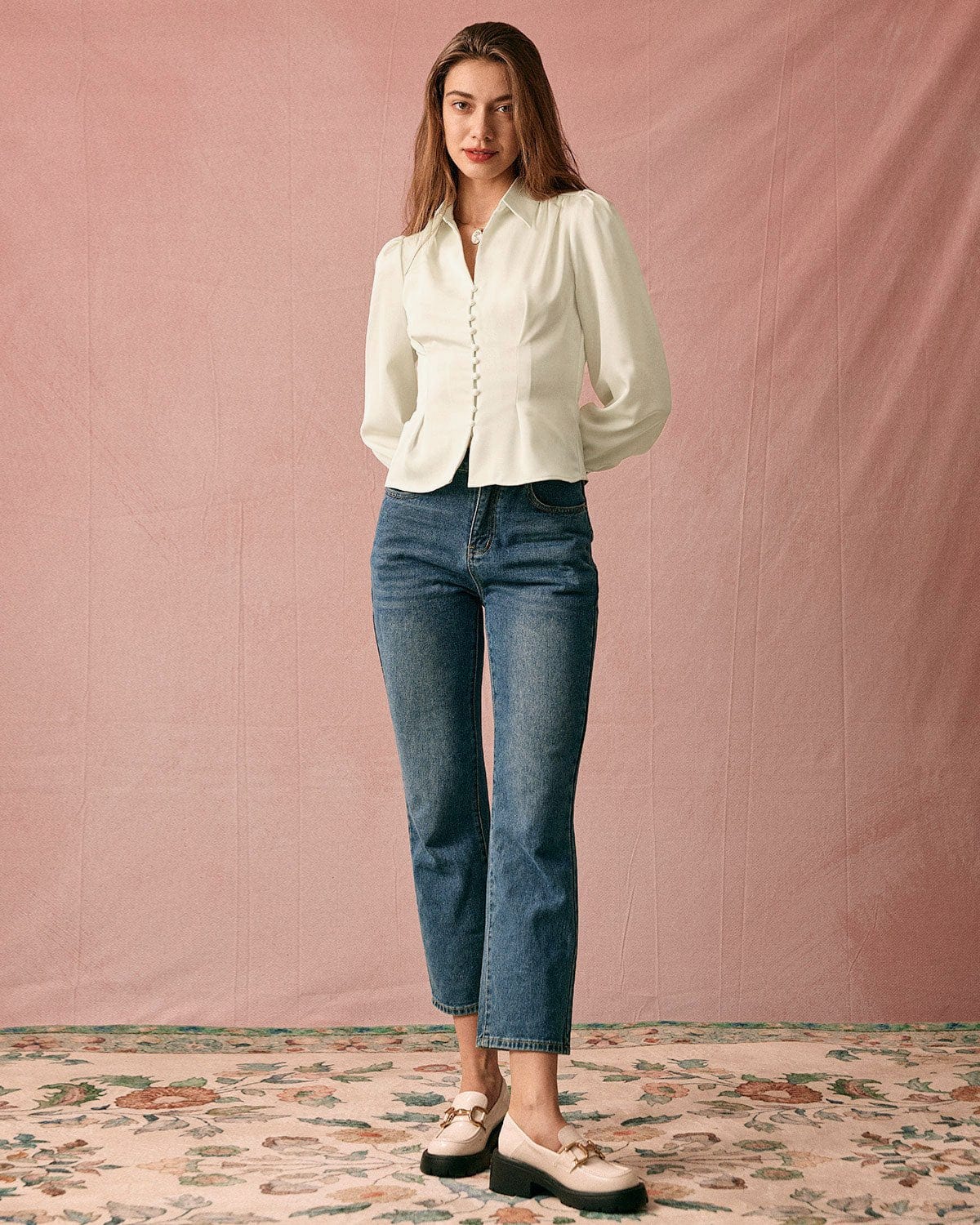 Düz Renk Collared Balon Kol Saten Bluz