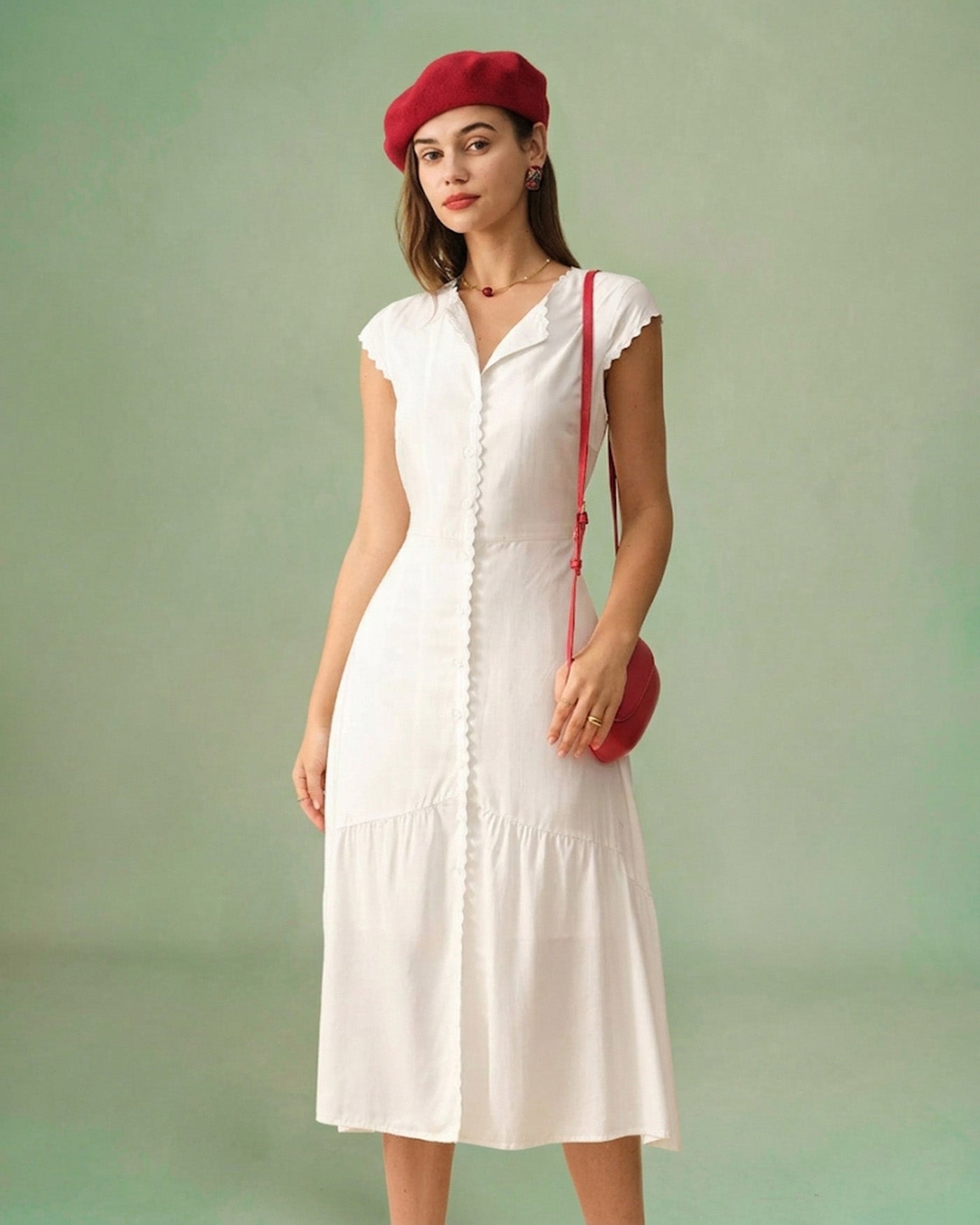 Düz Renk Color Lapel Midi Elbise