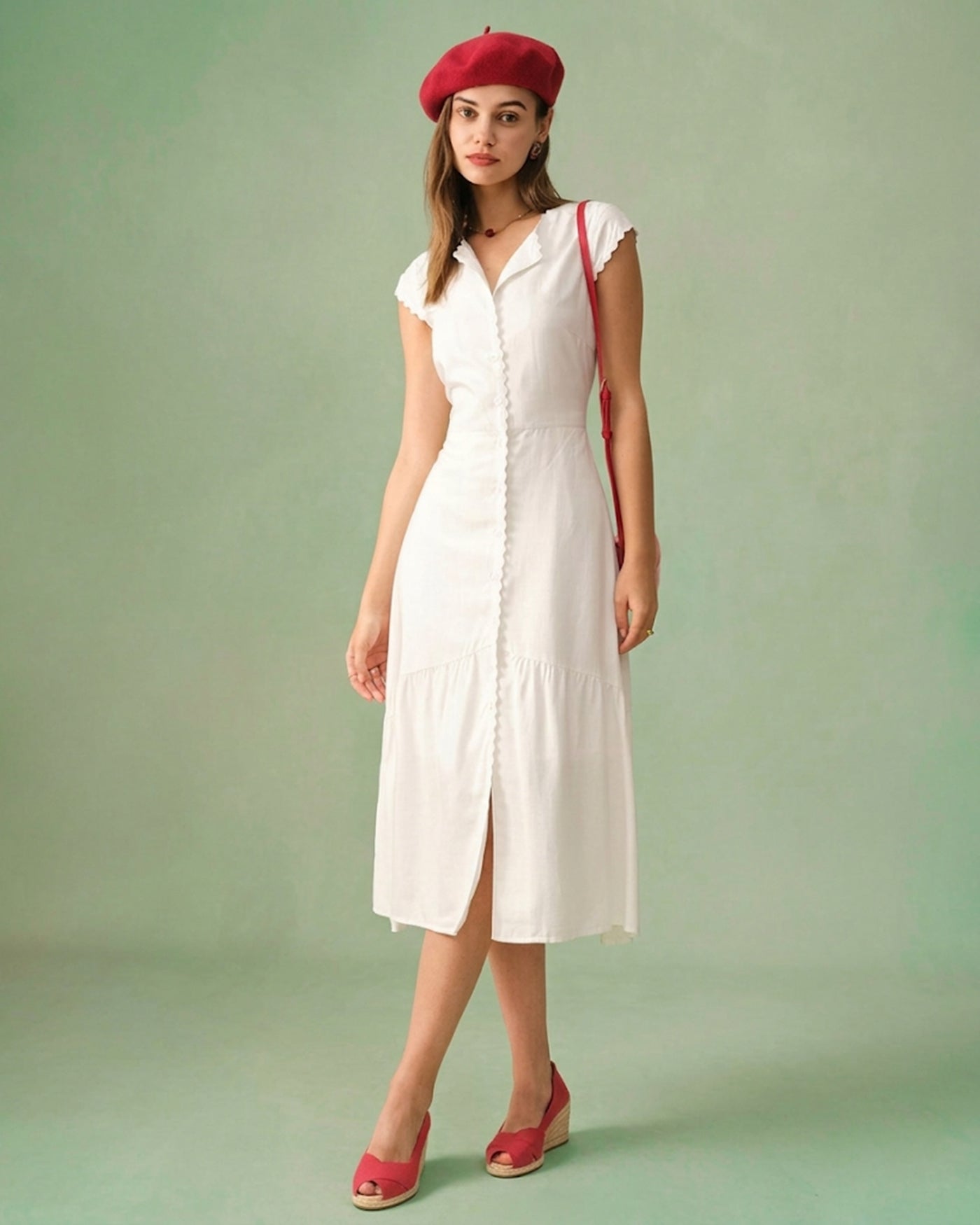 Düz Renk Color Lapel Midi Elbise