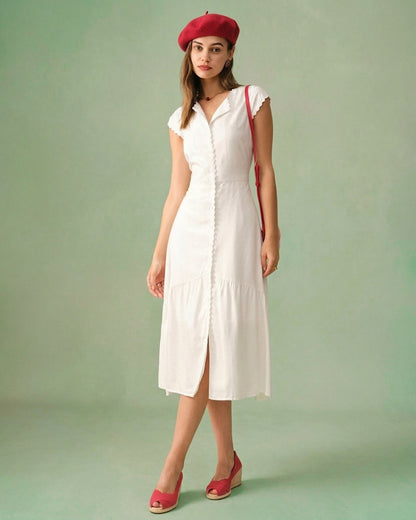 Düz Renk Color Lapel Midi Elbise