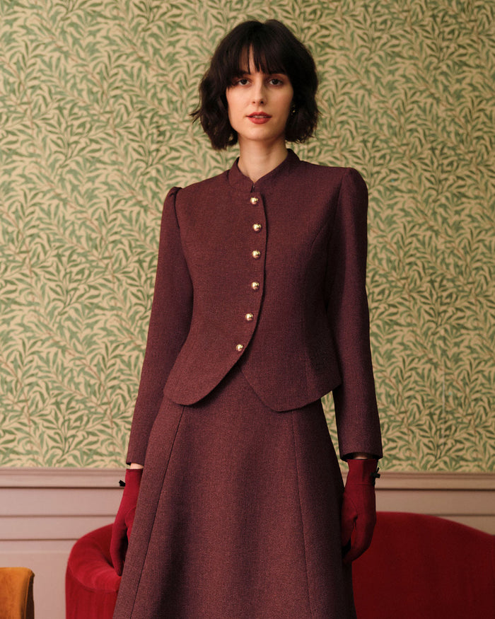 Bordo Retro Single-breasted Tweed Ceket