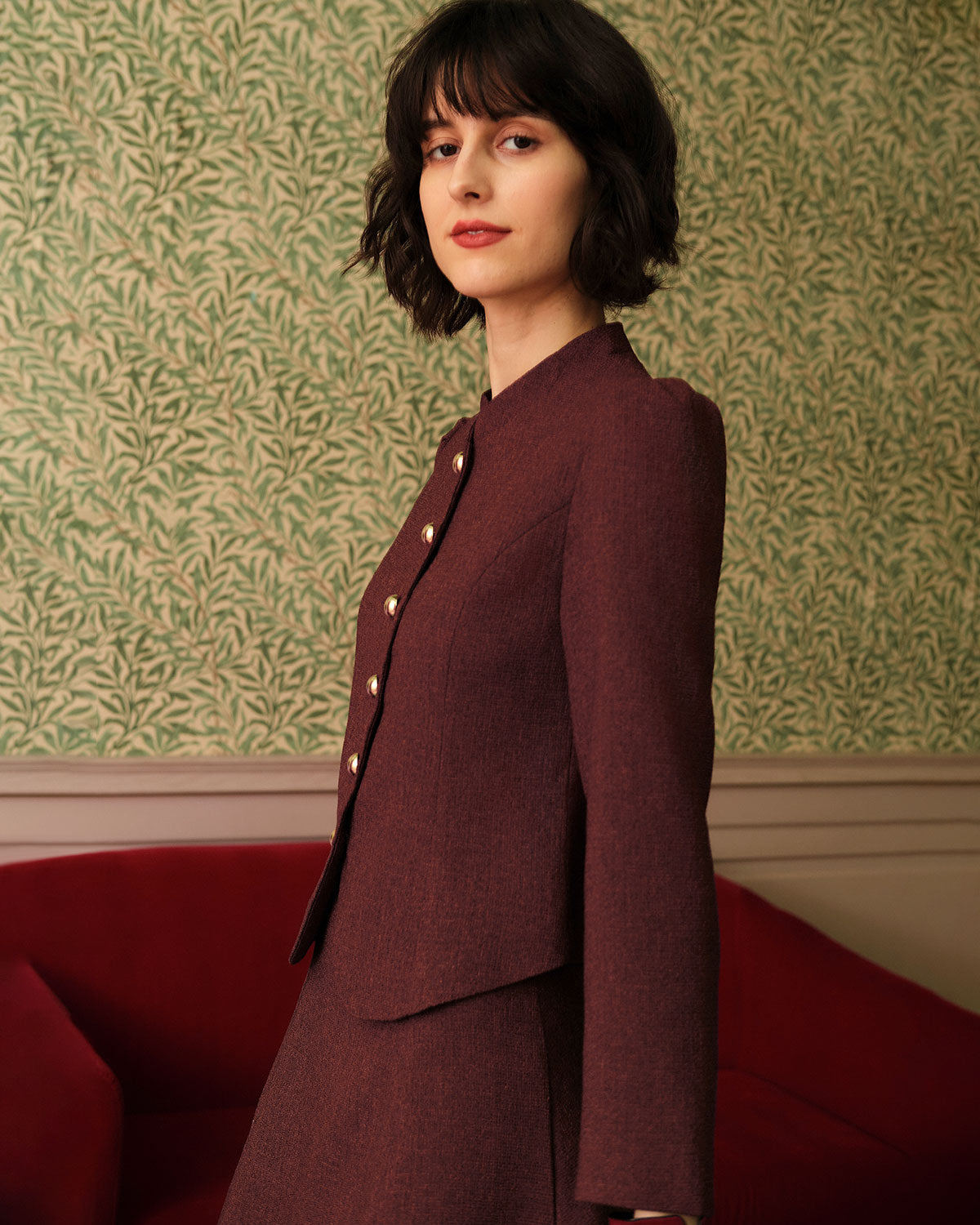 Bordo Retro Single-breasted Tweed Ceket