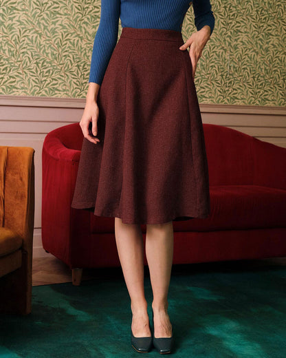 Bordo Yüksek Bel Tweed Etek
