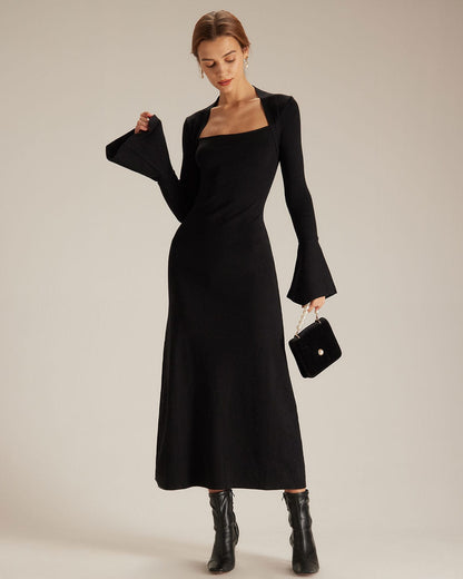 Siyah Kare Yaka İspanyol Paça Sleeve Midi Elbise