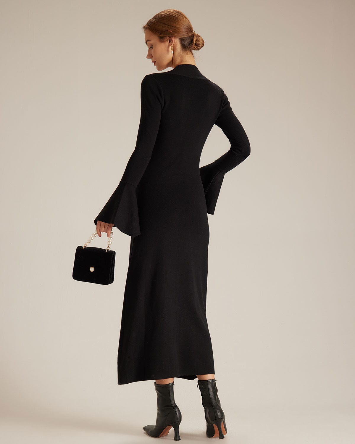 Siyah Kare Yaka İspanyol Paça Sleeve Midi Elbise