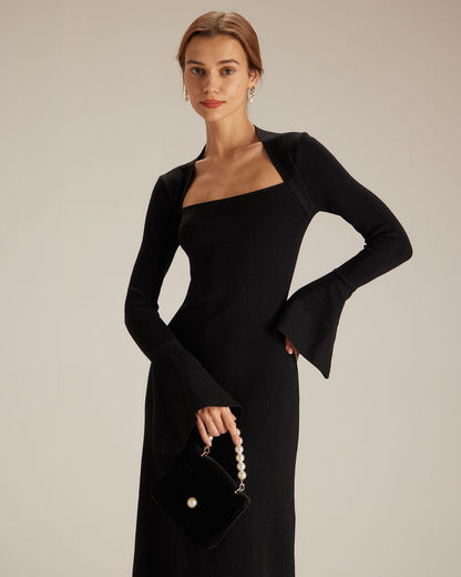 Siyah Kare Yaka İspanyol Paça Sleeve Midi Elbise