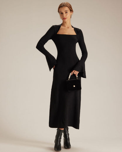 Siyah Kare Yaka İspanyol Paça Sleeve Midi Elbise