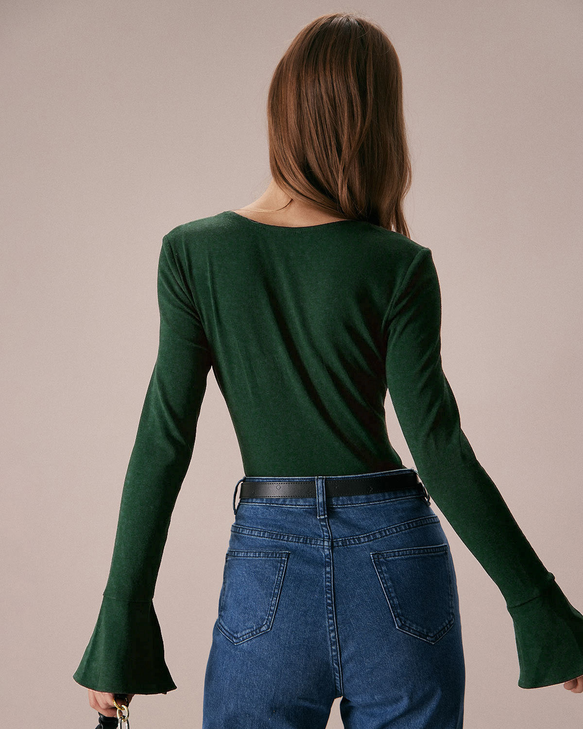 Yeşil Ribbed Triko Volan Kol Tişört