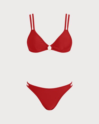 Kırmızı Halka Detaylı Üçgen Bikini Takımı