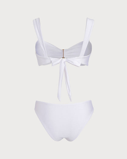 Beyaz Kalp Yaka Büzgü Bağlamalı Bikini Takımı