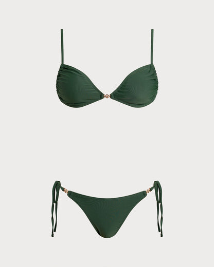 Yeşil Üçgen Büzgü Bağlamalı Bikini Takımı