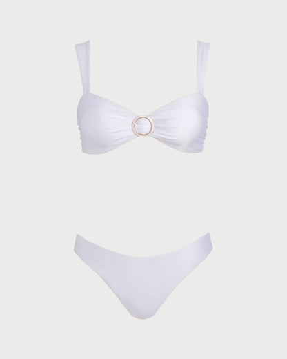 Beyaz Kalp Yaka Büzgü Bağlamalı Bikini Takımı