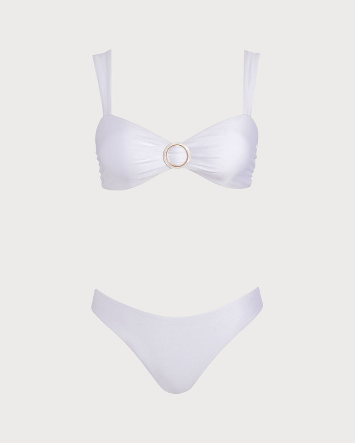 Beyaz Kalp Yaka Büzgü Bağlamalı Bikini Takımı