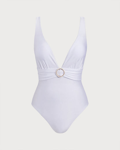 Beyaz V Yaka Tek Parça Mayo Swimwear