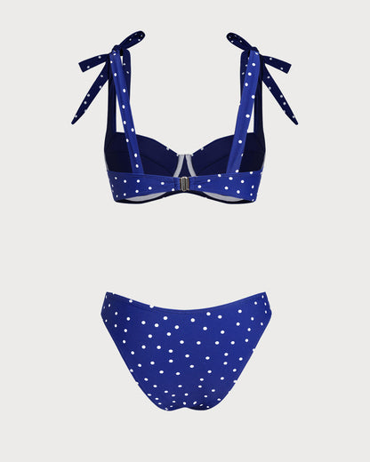 Mavi Bowknot Puantiyeli Balenli Bikini Takımı