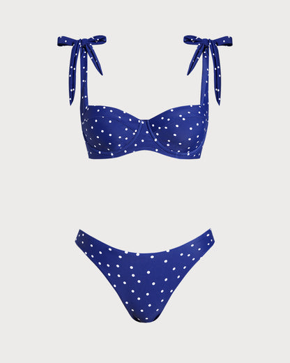 Mavi Bowknot Puantiyeli Balenli Bikini Takımı