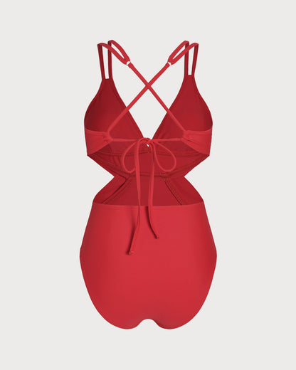 Kırmızı V Yaka Bralet Tek Parça Mayo