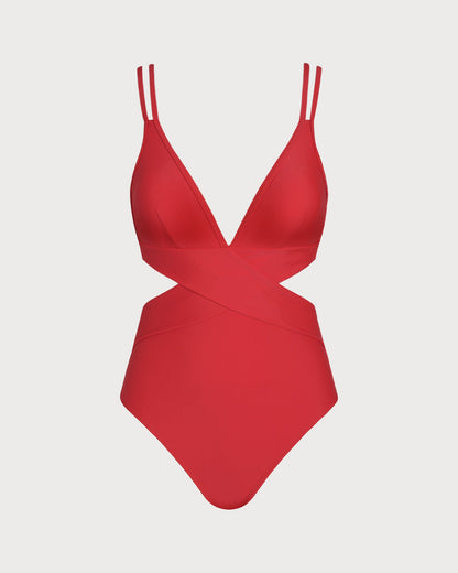 Kırmızı V Yaka Bralet Tek Parça Mayo