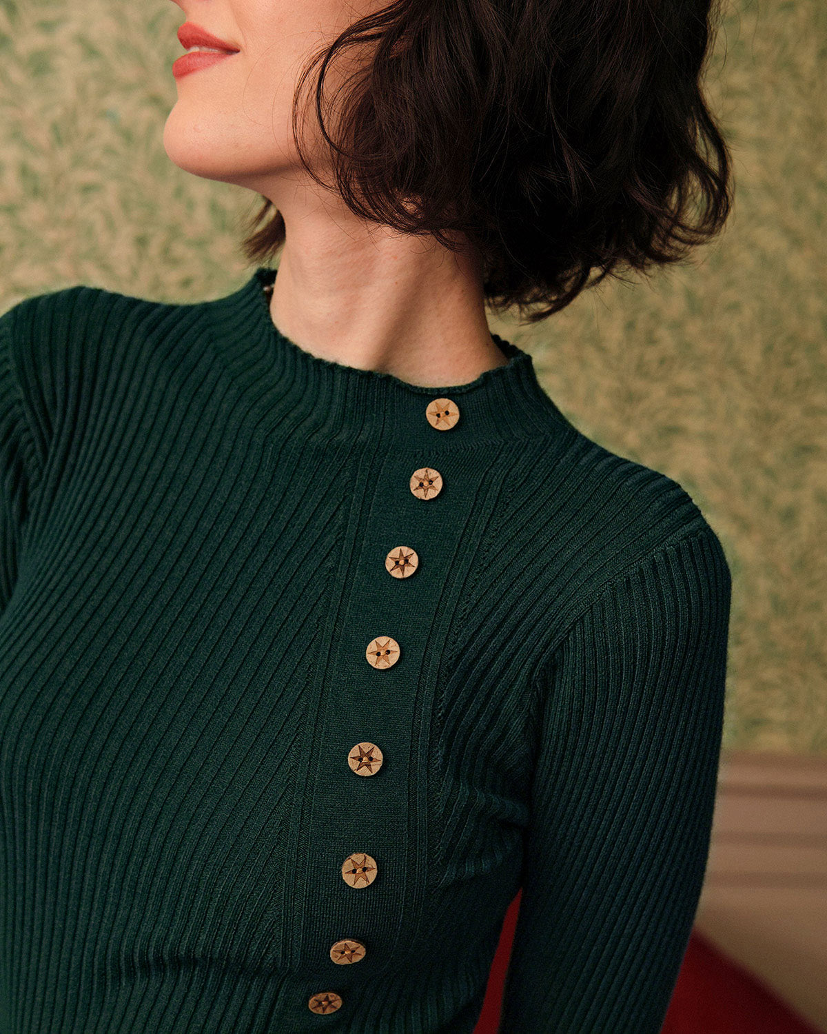Yeşil Yarım Balıkçı Yaka Ribbed Triko Tişört