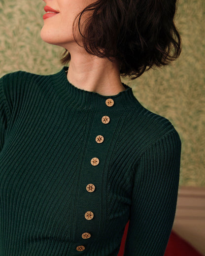 Yeşil Yarım Balıkçı Yaka Ribbed Triko Tişört