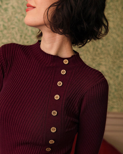 Bordo Yarım Balıkçı Yaka Ribbed Triko Tişört